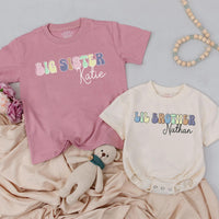 Personalized Big Sister Toddler Shirt and Lil Brother Romper with Pastel Retro Design Custom Names Soft Cotton Kids Outfit Gift