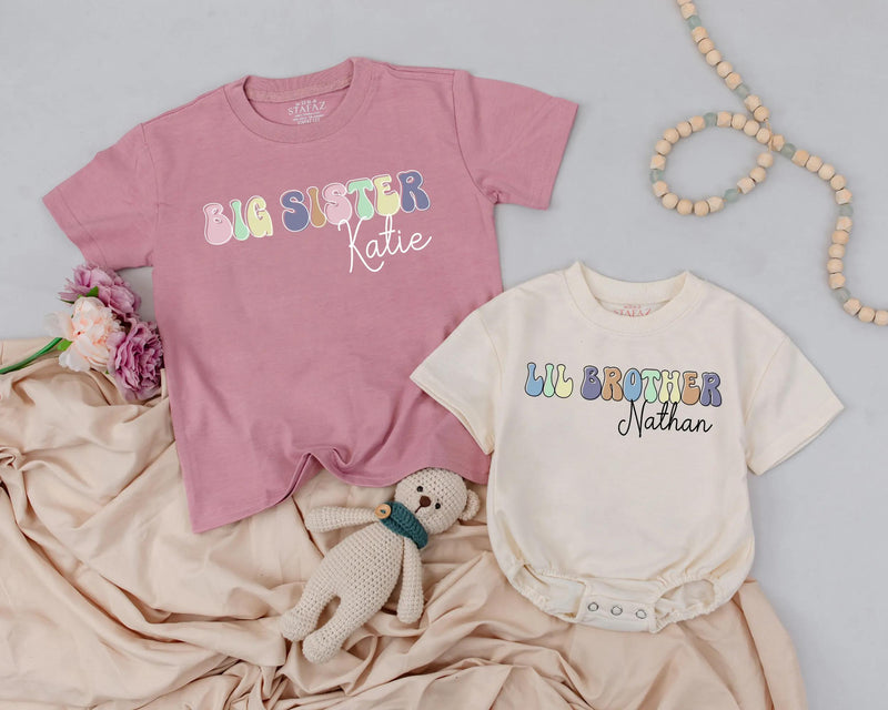 Personalized Big Sister Toddler Shirt and Lil Brother Romper with Pastel Retro Design Custom Names Soft Cotton Kids Outfit Gift