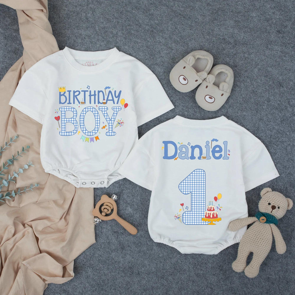 Personalized Birthday Boy Blue Checker Romper for First Birthday, Custom Toddler Outfit with Name, Cake and Balloon Design