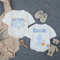 Personalized Birthday Boy Blue Checker Romper for First Birthday, Custom Toddler Outfit with Name, Cake and Balloon Design