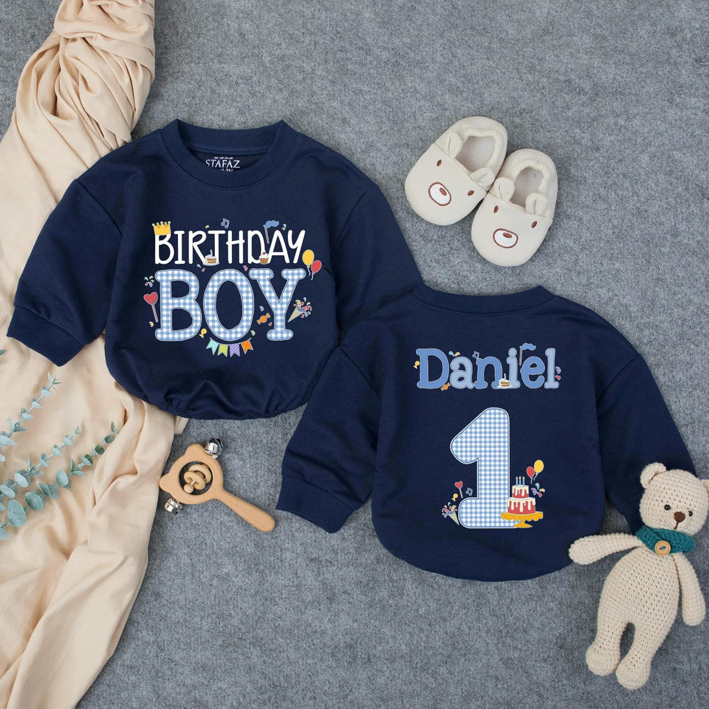 Personalized Birthday Boy Blue Checker Romper for First Birthday, Custom Toddler Outfit with Name, Cake and Balloon Design