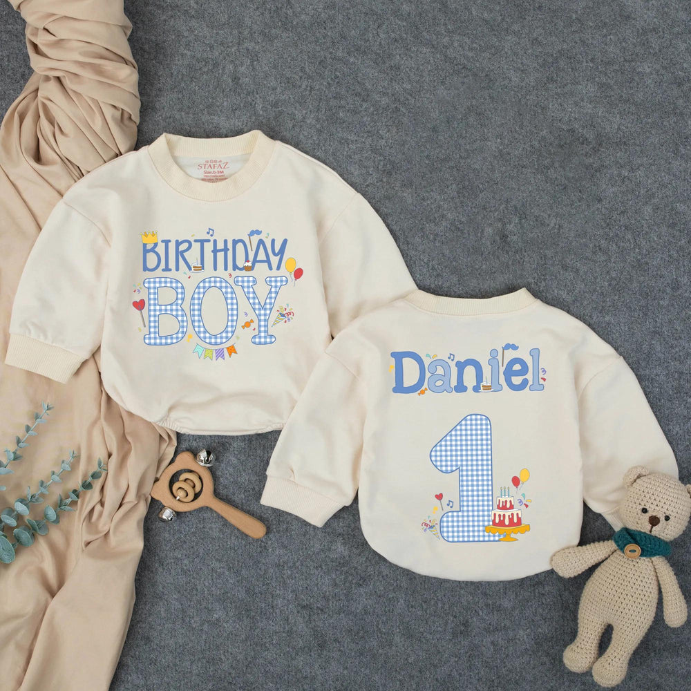 Personalized Birthday Boy Blue Checker Romper for First Birthday, Custom Toddler Outfit with Name, Cake and Balloon Design
