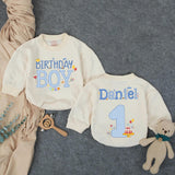 Personalized Birthday Boy Blue Checker Romper for First Birthday, Custom Toddler Outfit with Name, Cake and Balloon Design