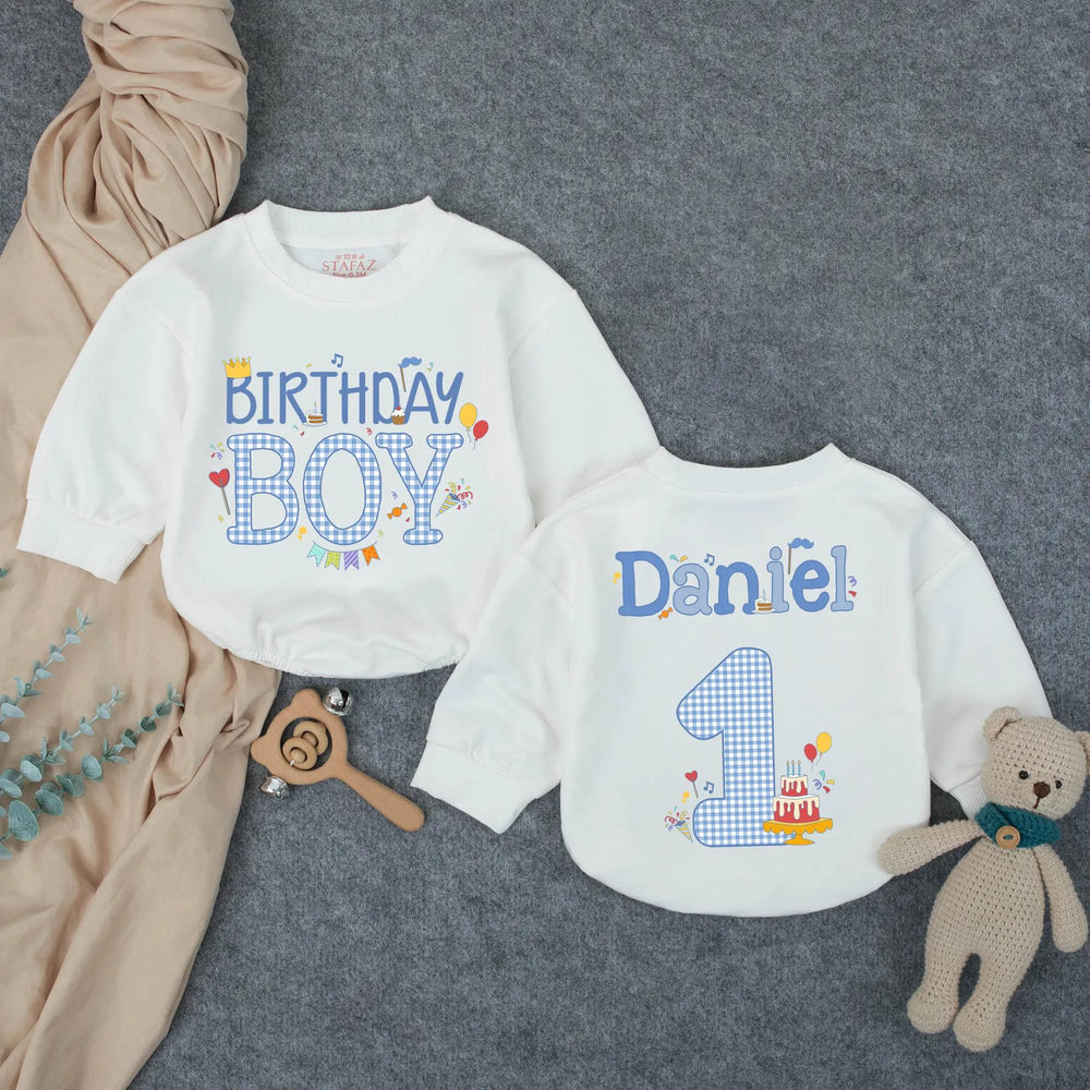 Personalized Birthday Boy Blue Checker Romper for First Birthday, Custom Toddler Outfit with Name, Cake and Balloon Design