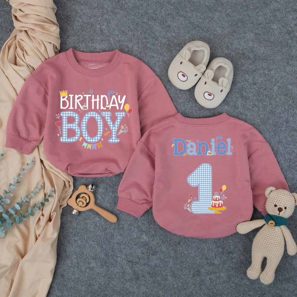 Personalized Birthday Boy Blue Checker Romper for First Birthday, Custom Toddler Outfit with Name, Cake and Balloon Design