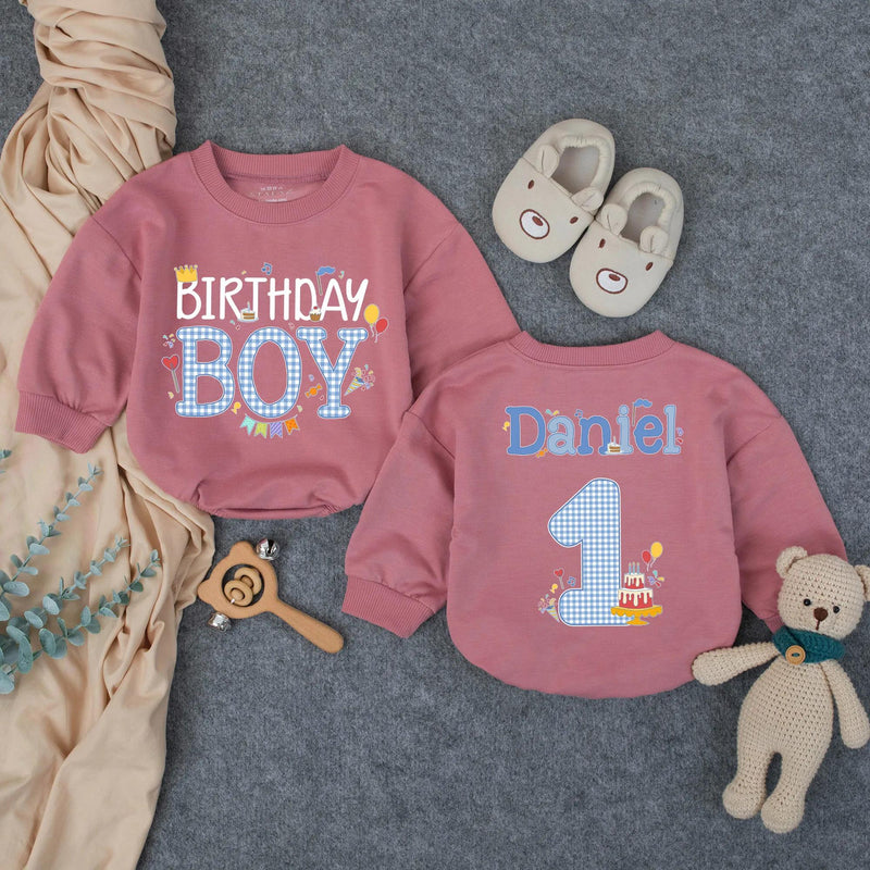 Personalized Birthday Boy Blue Checker Romper for First Birthday, Custom Toddler Outfit with Name, Cake and Balloon Design