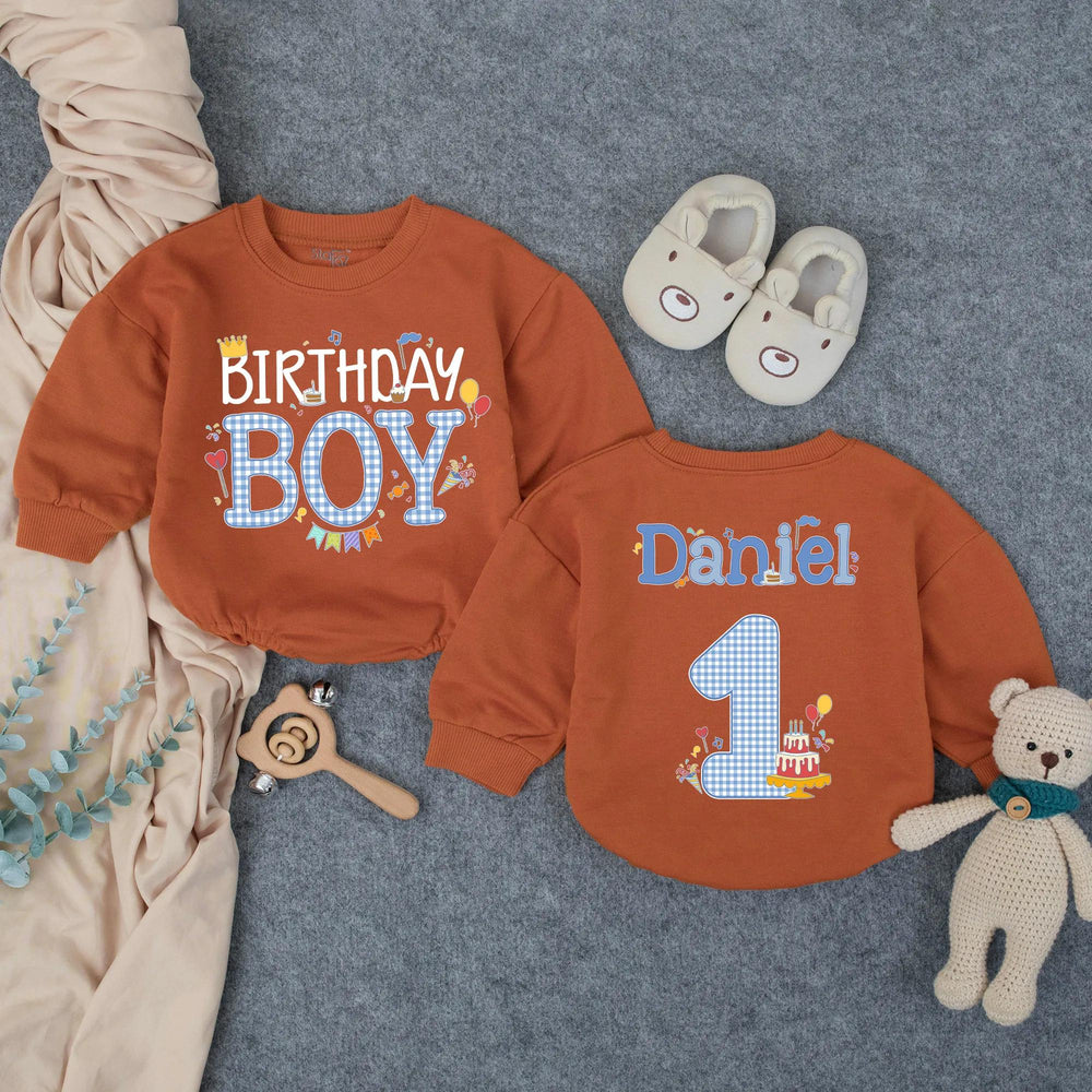 Personalized Birthday Boy Blue Checker Romper for First Birthday, Custom Toddler Outfit with Name, Cake and Balloon Design