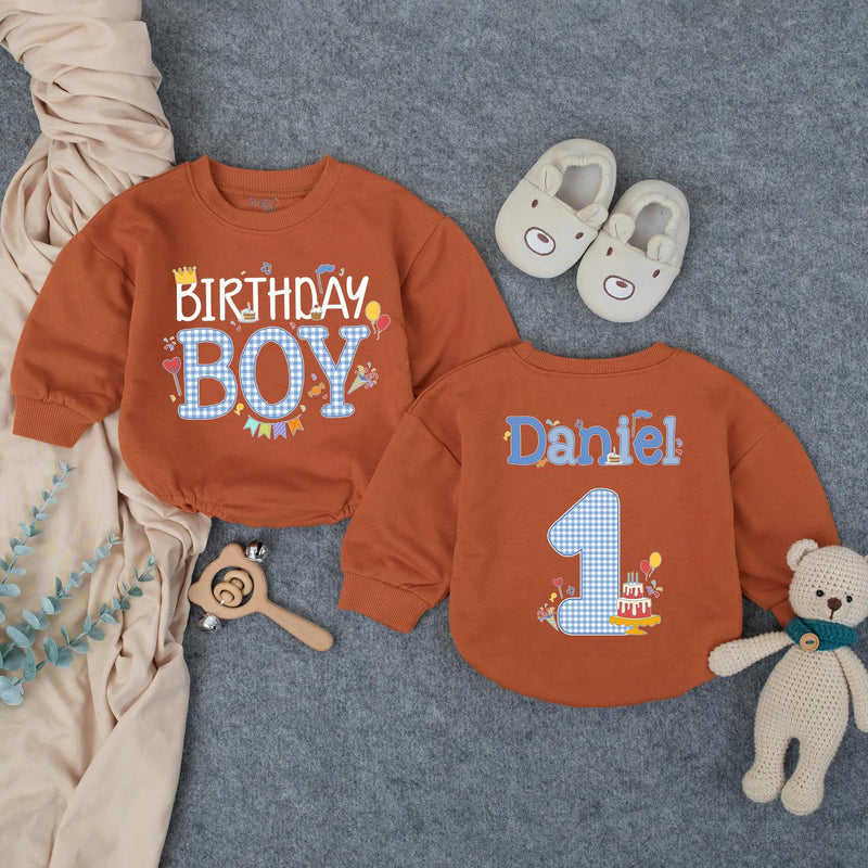 Personalized Birthday Boy Blue Checker Romper for First Birthday, Custom Toddler Outfit with Name, Cake and Balloon Design