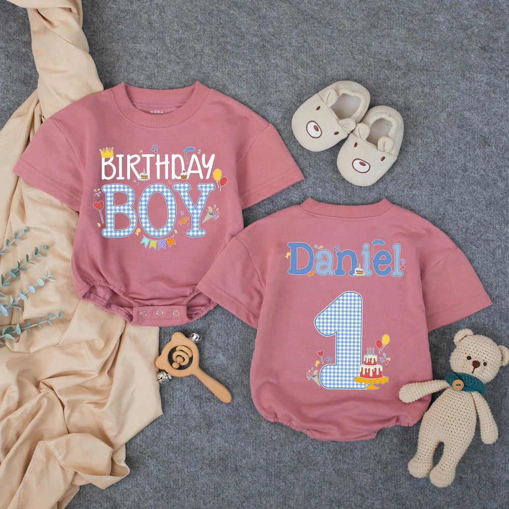 Personalized Birthday Boy Blue Checker Romper for First Birthday, Custom Toddler Outfit with Name, Cake and Balloon Design