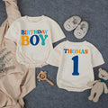 Personalized Birthday Boy Bubble Romper First Birthday Outfit Custom Name and Age Cake Smash Clothes Retro Design Orange Teal Dark Blue