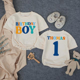 Personalized Birthday Boy Bubble Romper First Birthday Outfit Custom Name and Age Cake Smash Clothes Retro Design Orange Teal Dark Blue