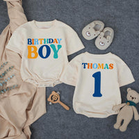Personalized Birthday Boy Bubble Romper First Birthday Outfit Custom Name and Age Cake Smash Clothes Retro Design Orange Teal Dark Blue