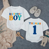 Personalized Birthday Boy Bubble Romper First Birthday Outfit Custom Name and Age Cake Smash Clothes Retro Design Orange Teal Dark Blue