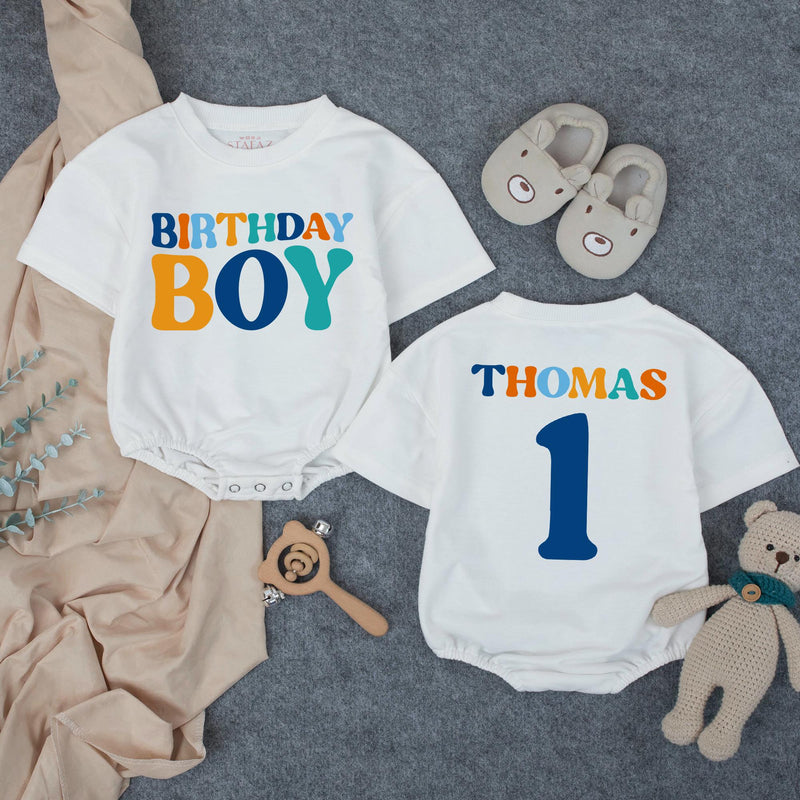 Personalized Birthday Boy Bubble Romper First Birthday Outfit Custom Name and Age Cake Smash Clothes Retro Design Orange Teal Dark Blue