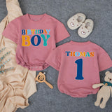 Personalized Birthday Boy Bubble Romper First Birthday Outfit Custom Name and Age Cake Smash Clothes Retro Design Orange Teal Dark Blue
