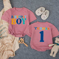 Personalized Birthday Boy Bubble Romper First Birthday Outfit Custom Name and Age Cake Smash Clothes Retro Design Orange Teal Dark Blue