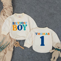 Personalized Birthday Boy Bubble Romper First Birthday Outfit Custom Name and Age Cake Smash Clothes Retro Design Orange Teal Dark Blue