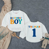 Personalized Birthday Boy Bubble Romper First Birthday Outfit Custom Name and Age Cake Smash Clothes Retro Design Orange Teal Dark Blue