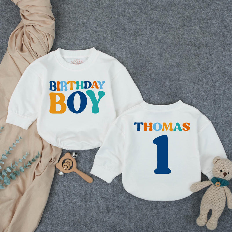 Personalized Birthday Boy Bubble Romper First Birthday Outfit Custom Name and Age Cake Smash Clothes Retro Design Orange Teal Dark Blue