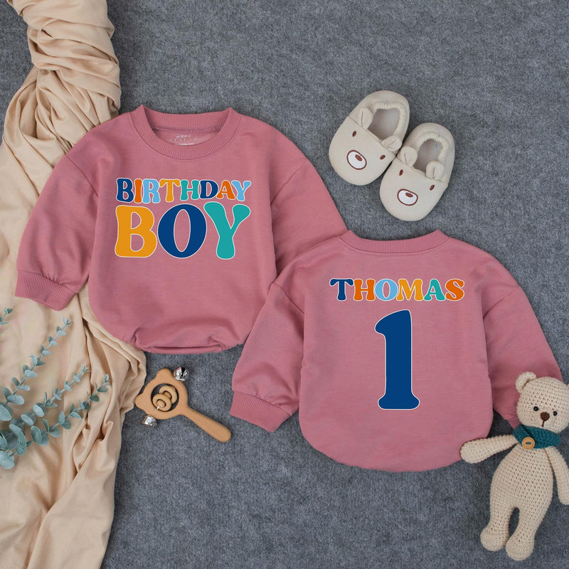 Personalized Birthday Boy Bubble Romper First Birthday Outfit Custom Name and Age Cake Smash Clothes Retro Design Orange Teal Dark Blue