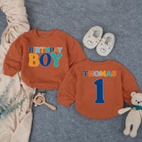 Personalized Birthday Boy Bubble Romper First Birthday Outfit Custom Name and Age Cake Smash Clothes Retro Design Orange Teal Dark Blue