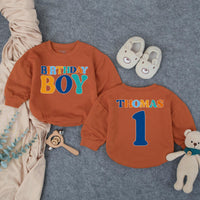 Personalized Birthday Boy Bubble Romper First Birthday Outfit Custom Name and Age Cake Smash Clothes Retro Design Orange Teal Dark Blue