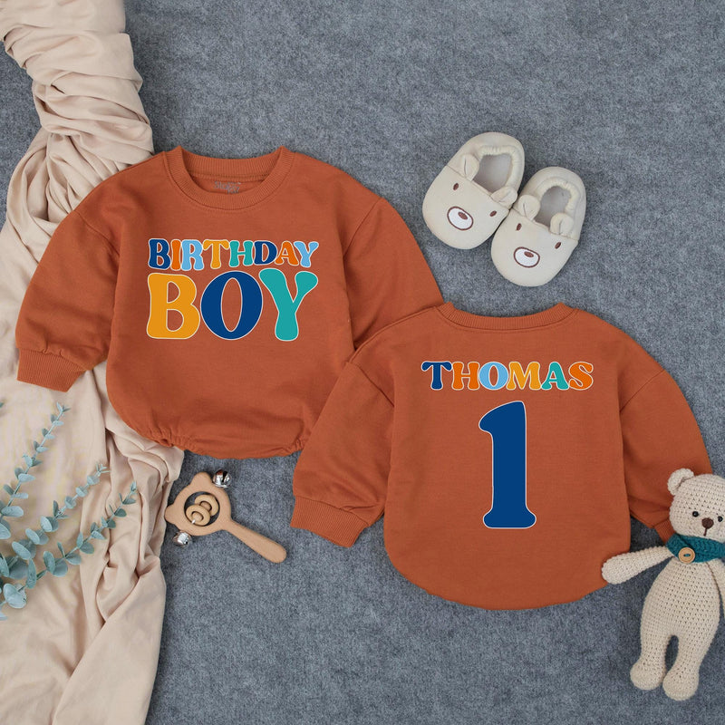 Personalized Birthday Boy Bubble Romper First Birthday Outfit Custom Name and Age Cake Smash Clothes Retro Design Orange Teal Dark Blue