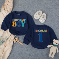 Personalized Birthday Boy Bubble Romper First Birthday Outfit Custom Name and Age Cake Smash Clothes Retro Design Orange Teal Dark Blue