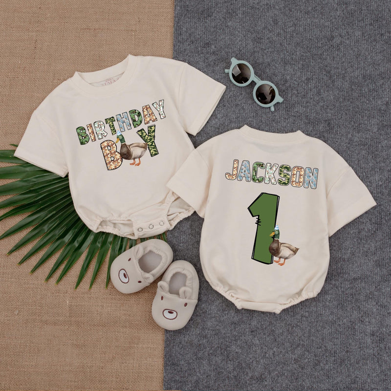 Personalized Birthday Boy Romper with Duck Design First Birthday Outfit for Baby Jackson Nature Inspired Animal Print Gift