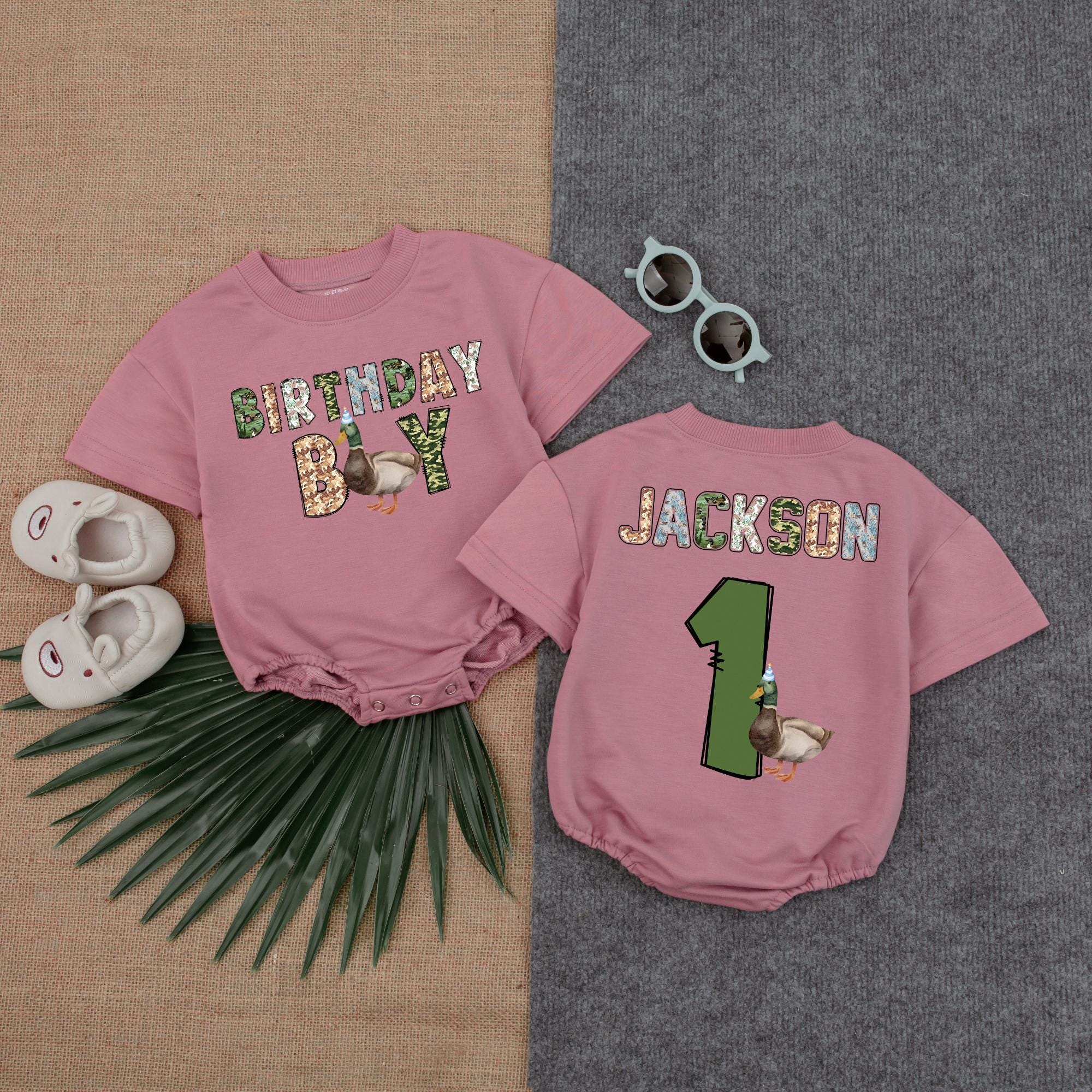Personalized Birthday Boy Romper with Duck Design First Birthday Outfit for Baby Jackson Nature Inspired Animal Print Gift