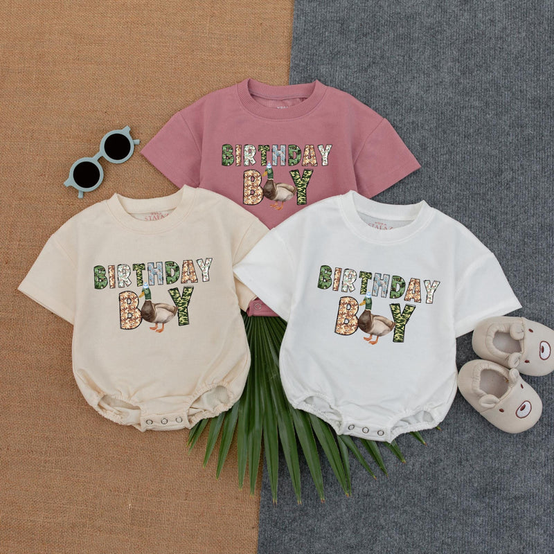Personalized Birthday Boy Romper with Duck Design First Birthday Outfit for Baby Jackson Nature Inspired Animal Print Gift