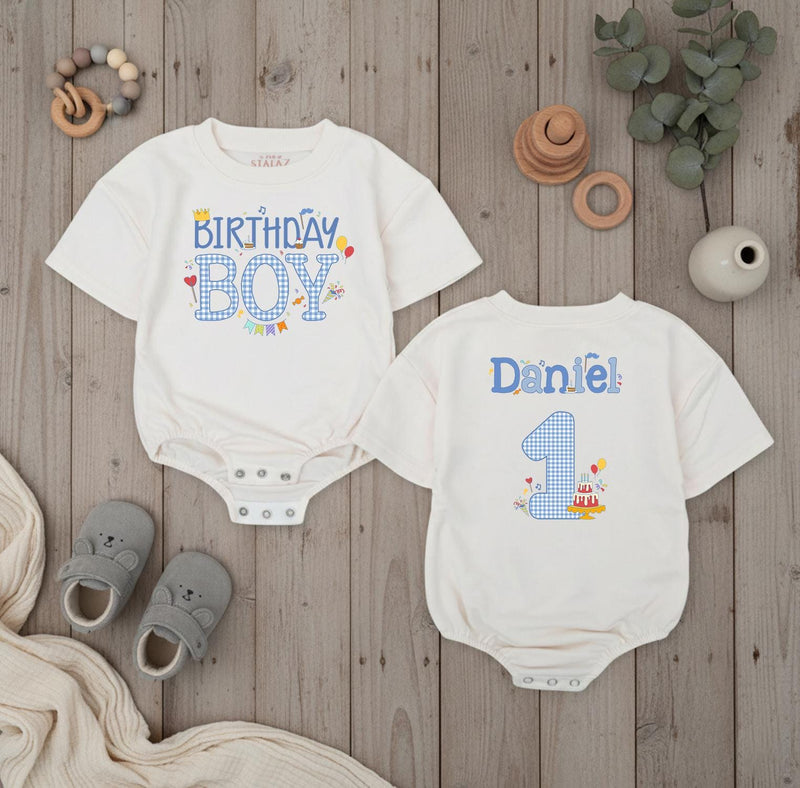 Personalized Birthday Boy Romper with Name and Age Blue Gingham First Birthday Outfit Baby Party Clothes Cake Smash 1st Birthday Gift