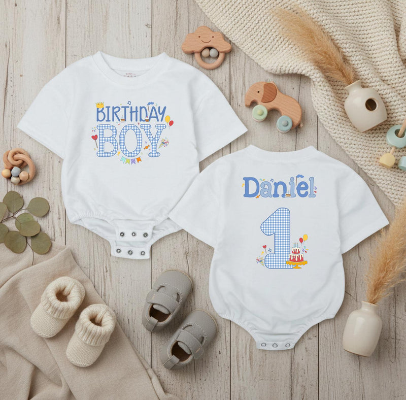 Personalized Birthday Boy Romper with Name and Age Blue Gingham First Birthday Outfit Baby Party Clothes Cake Smash 1st Birthday Gift