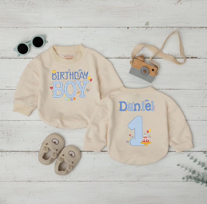 Personalized Birthday Boy Romper with Name and Age Blue Gingham First Birthday Outfit Baby Party Clothes Cake Smash 1st Birthday Gift