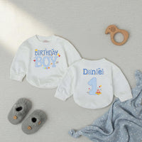 Personalized Birthday Boy Romper with Name and Age Blue Gingham First Birthday Outfit Baby Party Clothes Cake Smash 1st Birthday Gift