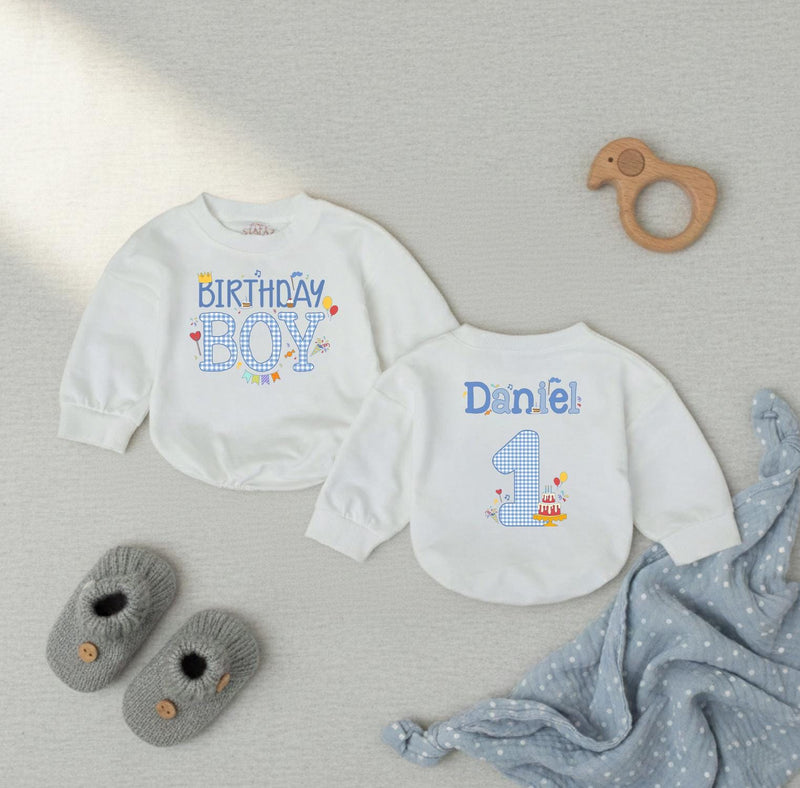 Personalized Birthday Boy Romper with Name and Age Blue Gingham First Birthday Outfit Baby Party Clothes Cake Smash 1st Birthday Gift