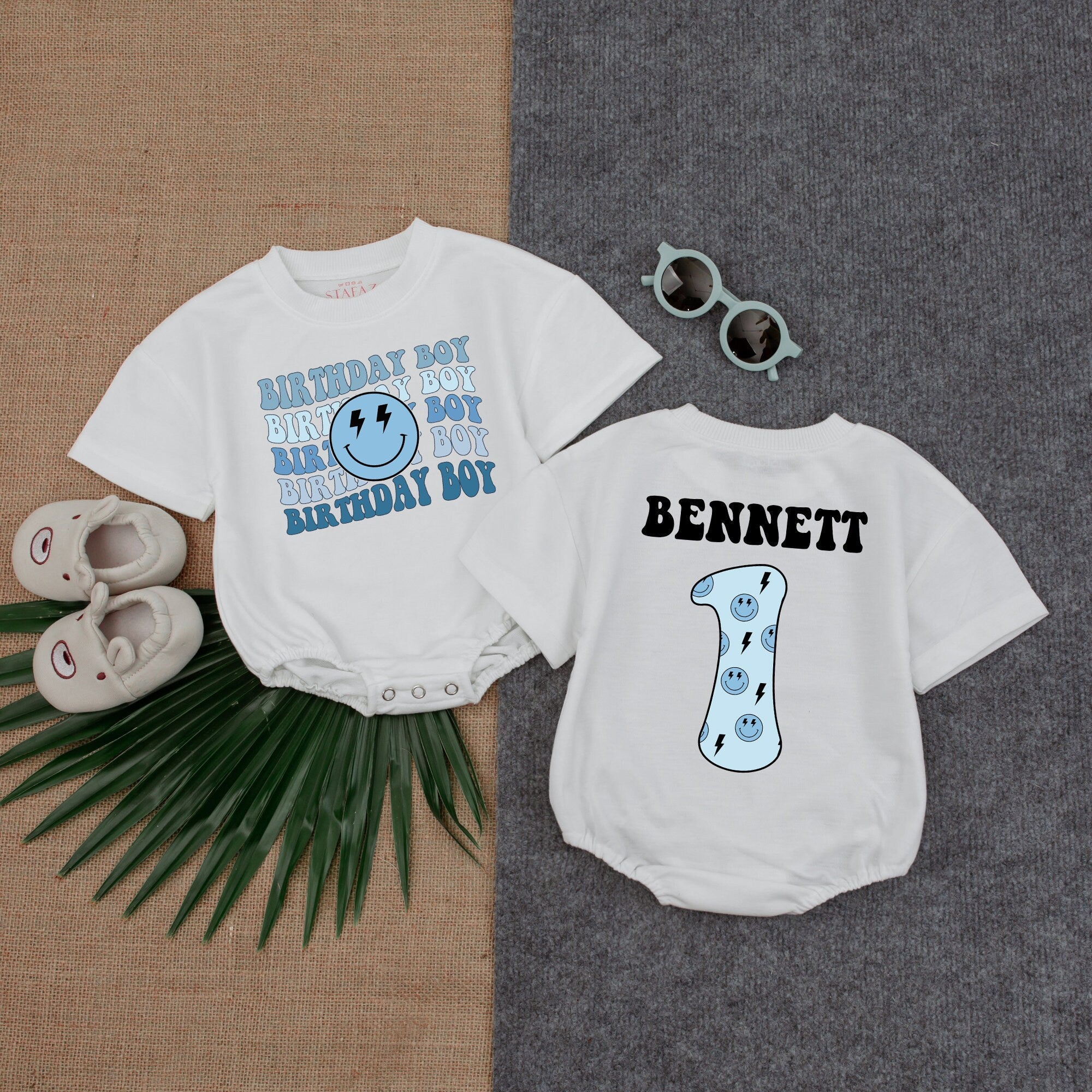 Personalized Birthday Boy Romper with Smiley Face First Birthday Outfit Blue Theme Infant Party Clothes Custom Name Bennett Cotton