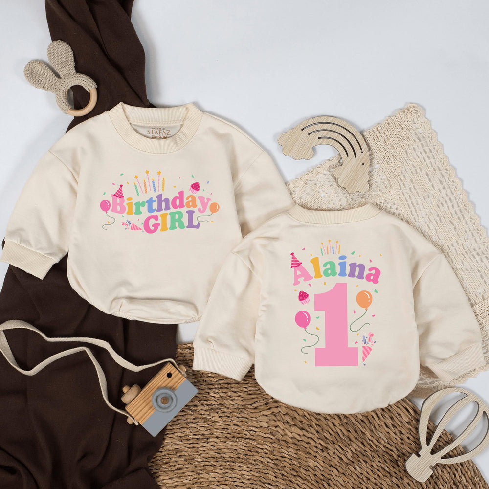 Personalized Birthday Girl 1st Birthday Romper with Name and Number Soft Pastel Colors Baby Girl Outfit Party Clothes Cake Smash