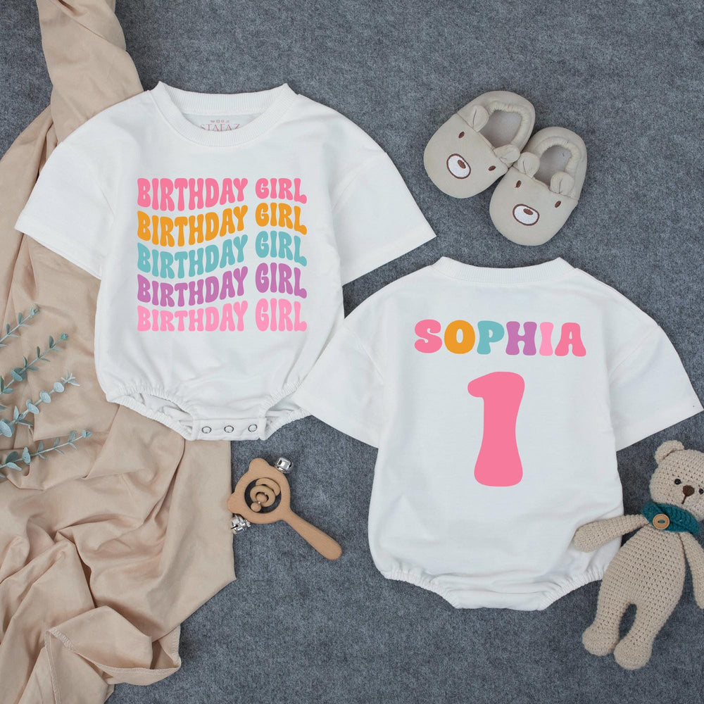 Personalized Birthday Girl Bubble Romper for Baby's 1st Birthday Celebration Retro 70s Style Milestone Outfit with Custom Name Design