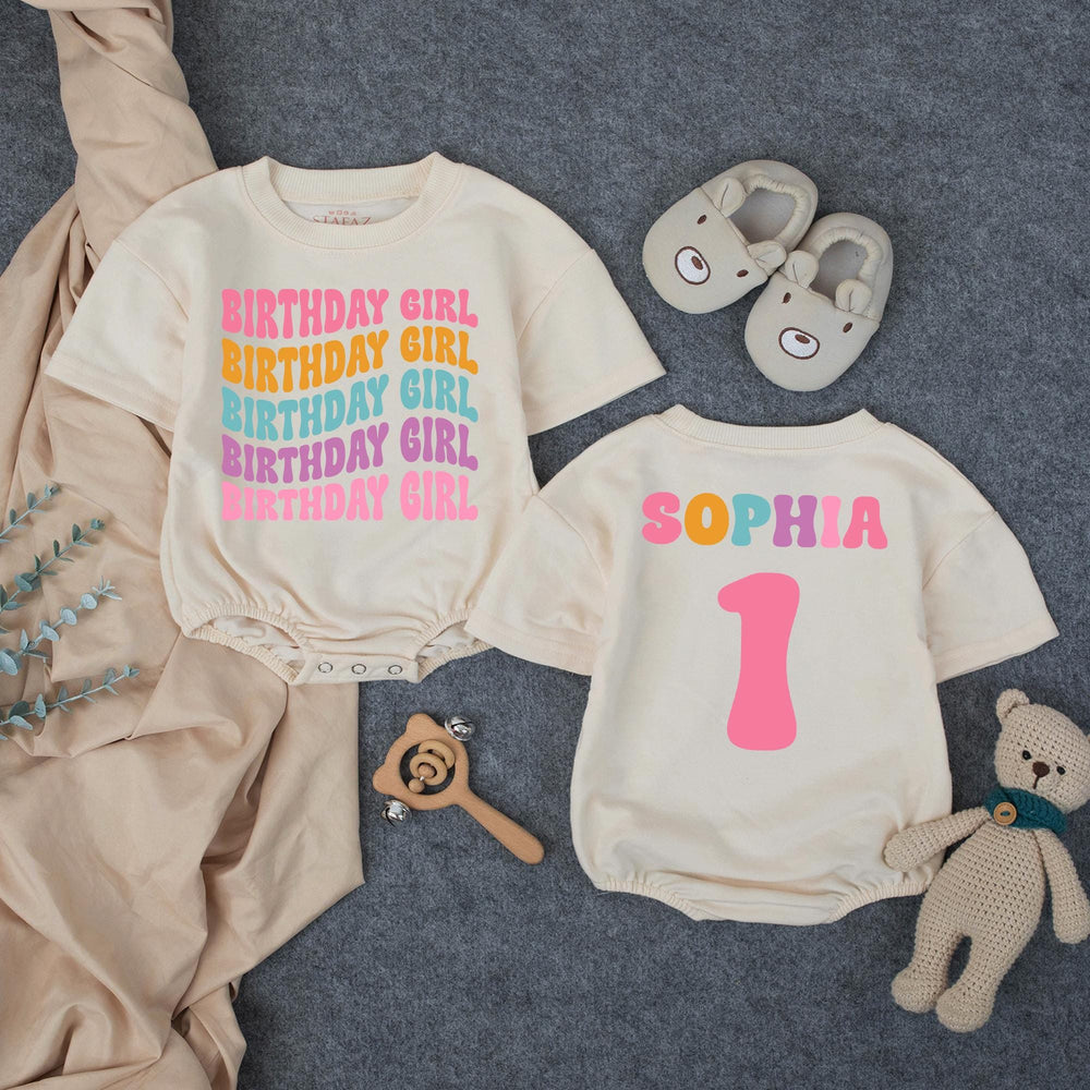 Personalized Birthday Girl Bubble Romper for Baby's 1st Birthday Celebration Retro 70s Style Milestone Outfit with Custom Name Design