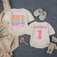 Personalized Birthday Girl Bubble Romper for Baby's 1st Birthday Celebration Retro 70s Style Milestone Outfit with Custom Name Design
