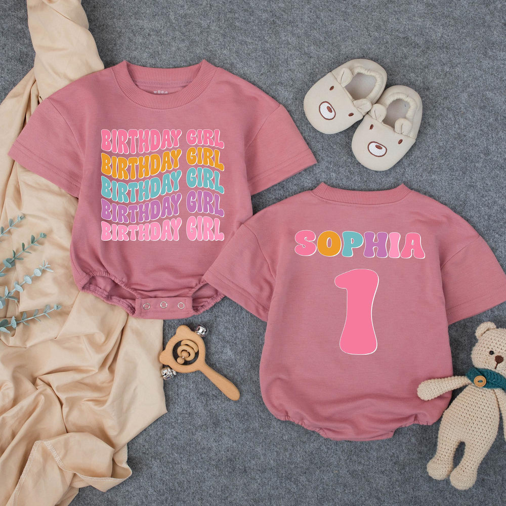 Personalized Birthday Girl Bubble Romper for Baby's 1st Birthday Celebration Retro 70s Style Milestone Outfit with Custom Name Design