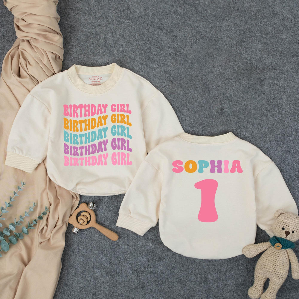 Personalized Birthday Girl Bubble Romper for Baby's 1st Birthday Celebration Retro 70s Style Milestone Outfit with Custom Name Design