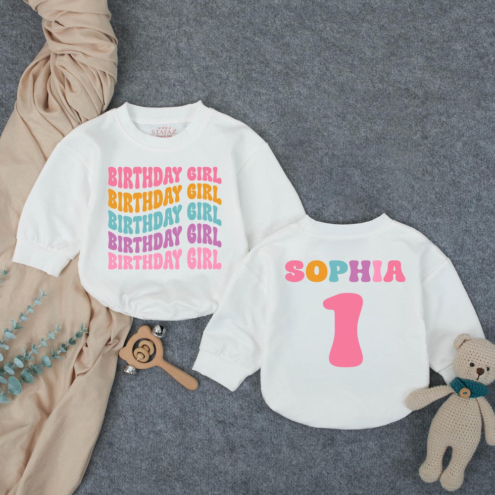 Personalized Birthday Girl Bubble Romper for Baby's 1st Birthday Celebration Retro 70s Style Milestone Outfit with Custom Name Design