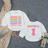 Personalized Birthday Girl Bubble Romper for Baby's 1st Birthday Celebration Retro 70s Style Milestone Outfit with Custom Name Design
