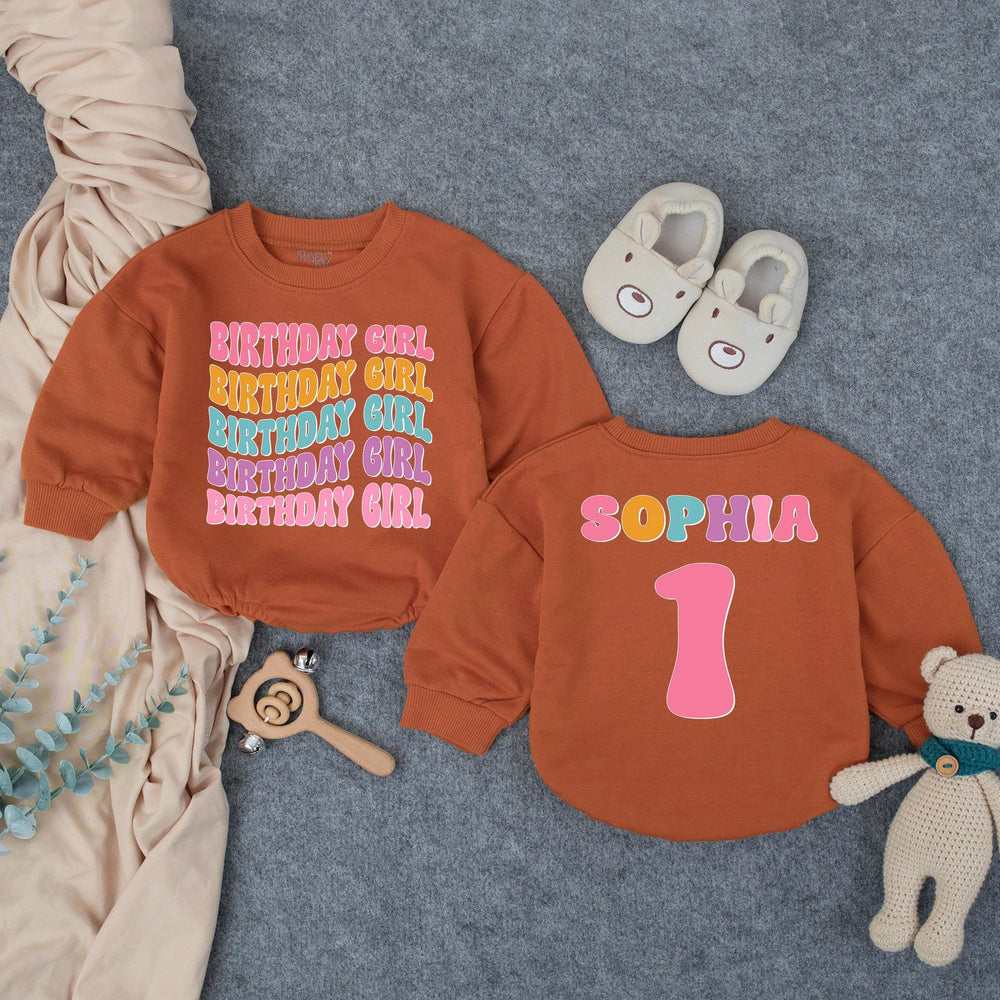 Personalized Birthday Girl Bubble Romper for Baby's 1st Birthday Celebration Retro 70s Style Milestone Outfit with Custom Name Design
