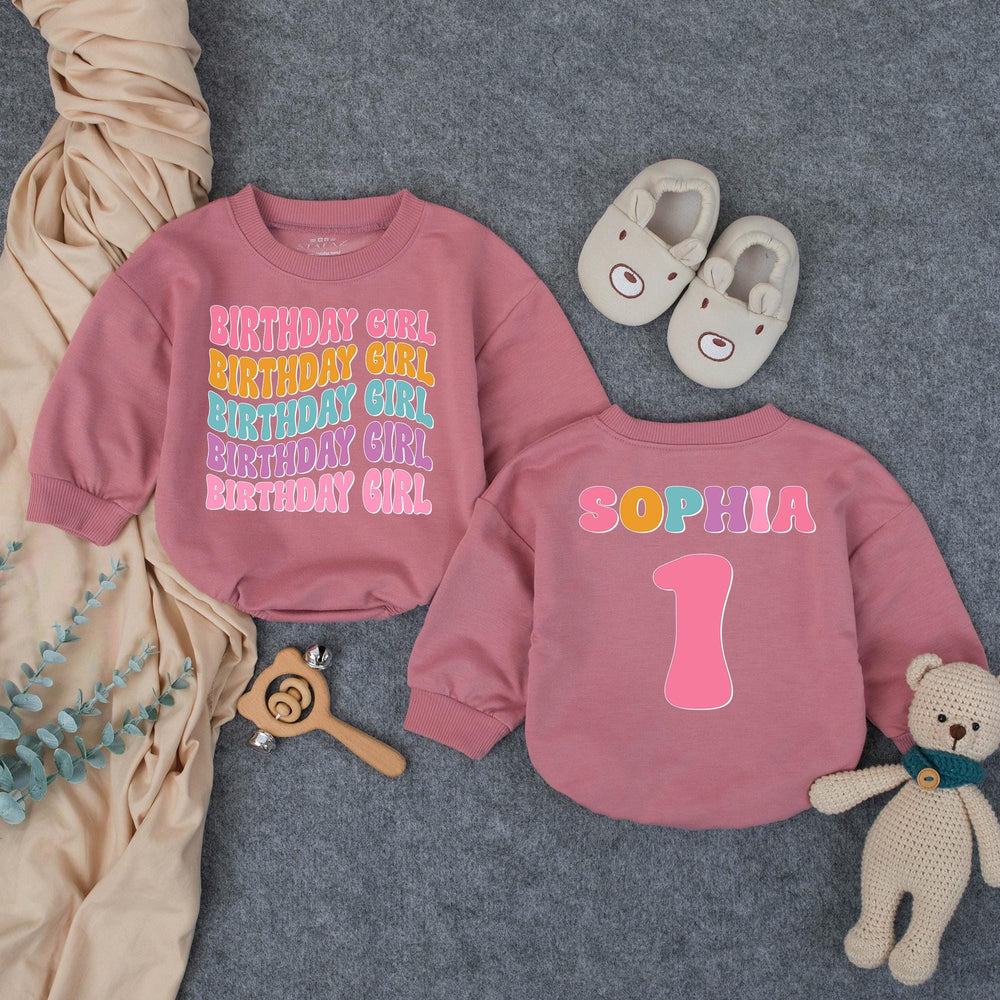 Personalized Birthday Girl Bubble Romper for Baby's 1st Birthday Celebration Retro 70s Style Milestone Outfit with Custom Name Design