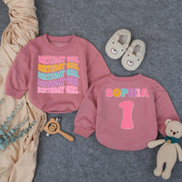 Personalized Birthday Girl Bubble Romper for Baby's 1st Birthday Celebration Retro 70s Style Milestone Outfit with Custom Name Design