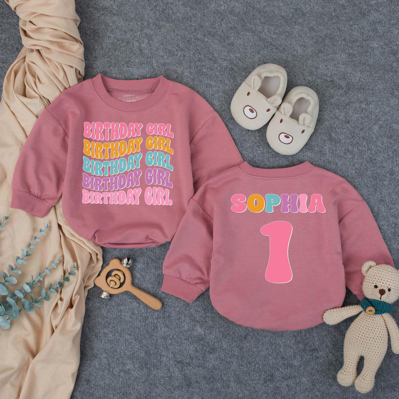 Personalized Birthday Girl Bubble Romper for Baby's 1st Birthday Celebration Retro 70s Style Milestone Outfit with Custom Name Design