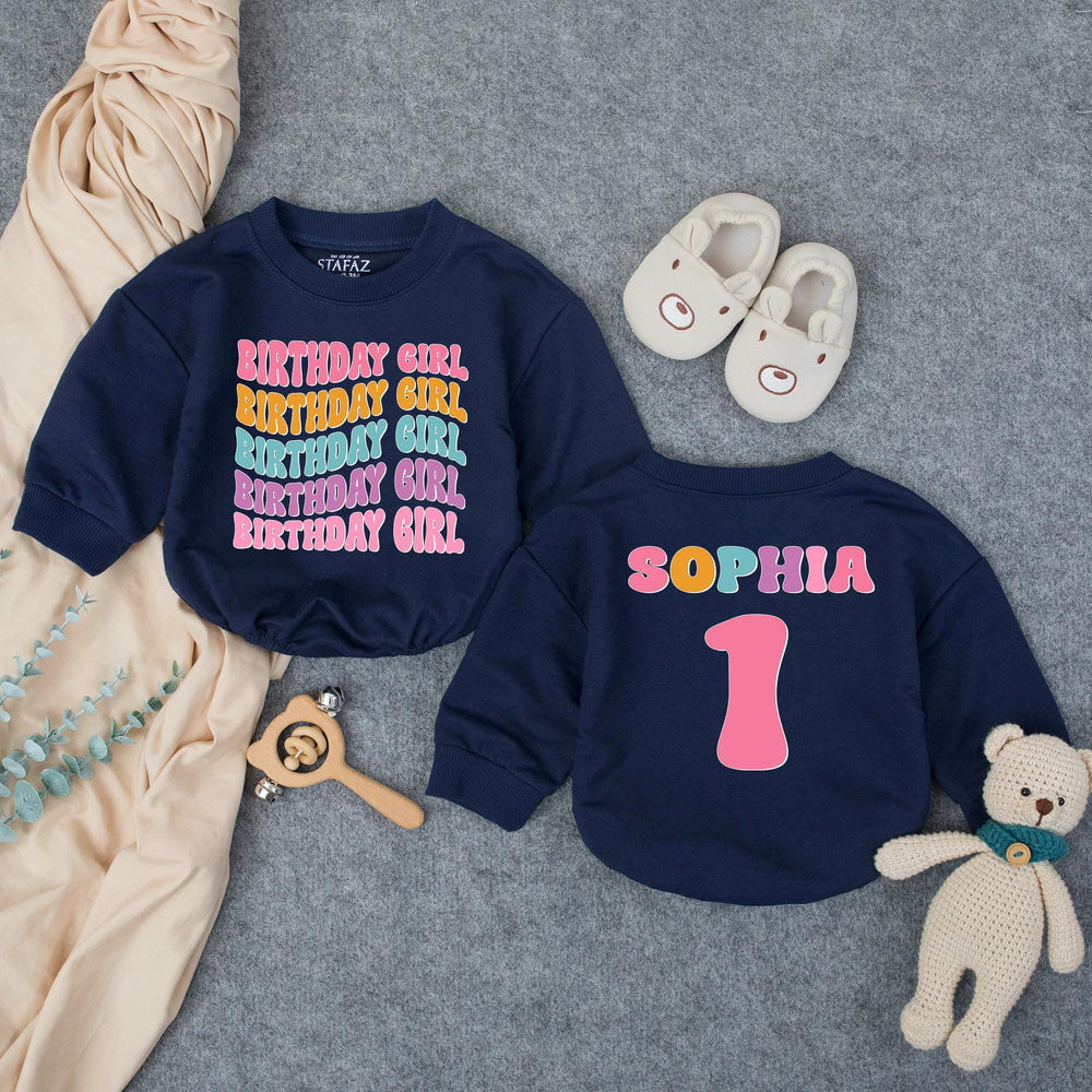 Personalized Birthday Girl Bubble Romper for Baby's 1st Birthday Celebration Retro 70s Style Milestone Outfit with Custom Name Design